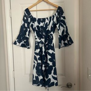 Off Shoulder Ruffle Floral A Line Short Skater Dress Tie Belt Blue White Size L